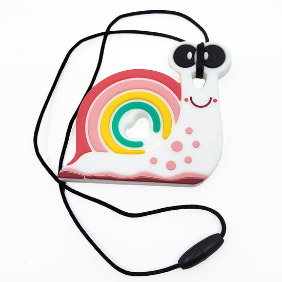 A large, colorful snail-shaped pendant on a breakaway cord, designed for sensory or teething purposes.