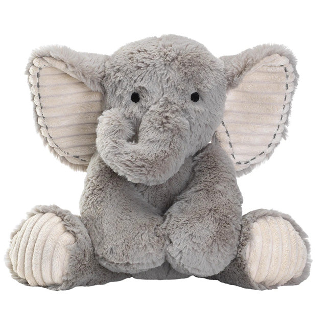 A gray plush elephant toy with a soft texture, designed for cuddling.