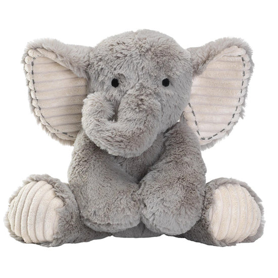 A gray plush elephant toy with a soft texture, designed for cuddling.