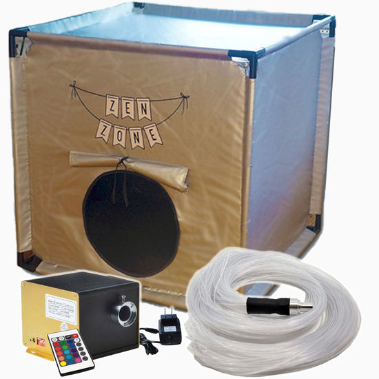 A fibre optic curtain with a Zen Zone tent, including components such as LED lights, pvc pipes, corner connectors, and a remote control, displayed against a white background.