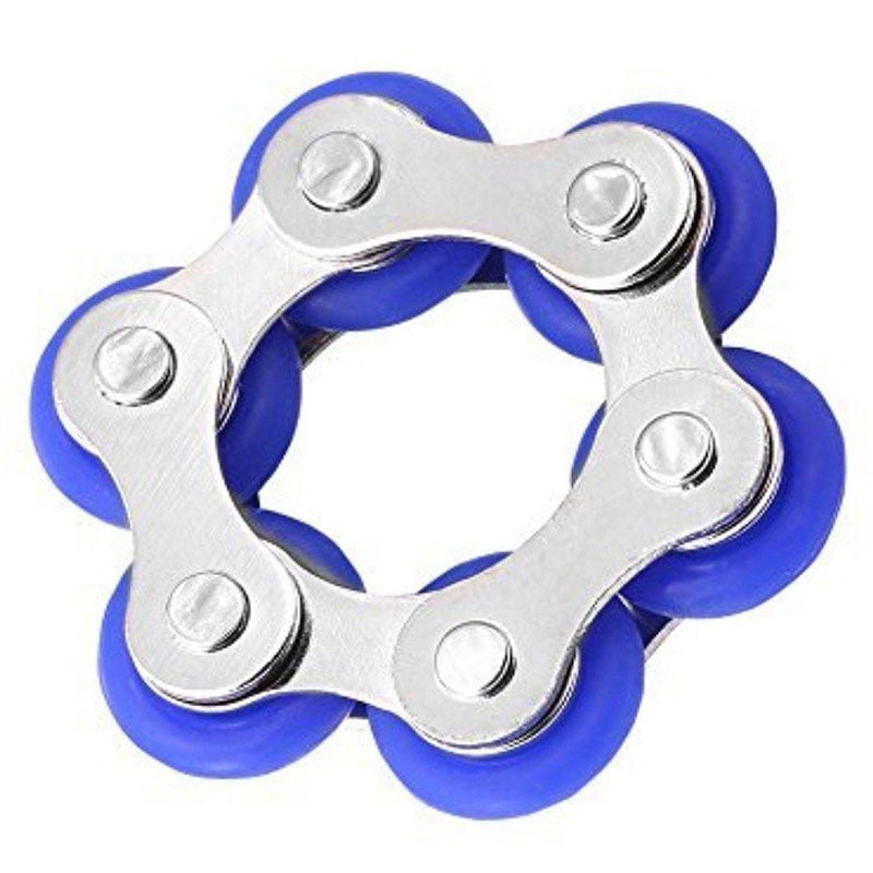 A stainless steel fidget roller chain with blue silicone rubber wheels
