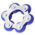 A stainless steel fidget roller chain with blue silicone rubber wheels