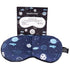 Weighted sleep mask with a space-themed pattern, including planets and stars, displayed alongside its packaging.