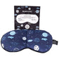 Weighted sleep mask with a space-themed pattern, including planets and stars, displayed alongside its packaging.