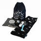 A collection of sensory stimulation products including a black sensory body sock, a denim sack with a cloud logo, a &