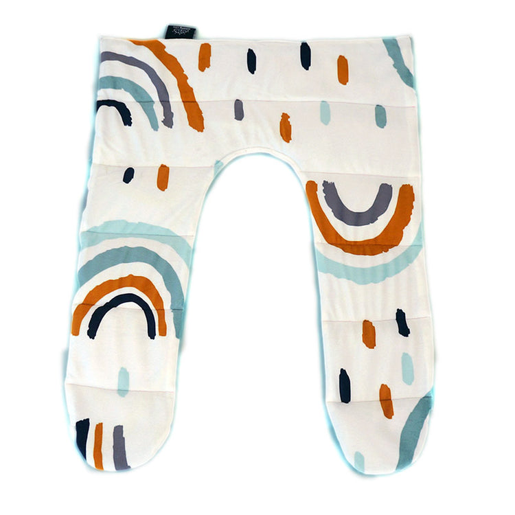 A U-shaped shoulder hugger with a multicolored geometric pattern, predominantly in rainbow colors.