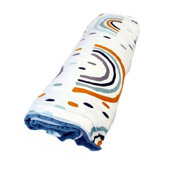 A folded lap pad with a geometric pattern featuring multicolored wavy lines on a white background.