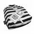Black and white striped sensory bed sheet with tags, designed for use on a bed.