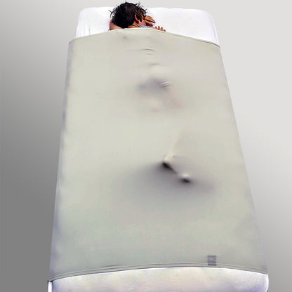 A gray sensory bed sheet made of Lycra/Spandex, packaged and tied with a string, with a product tag attached.