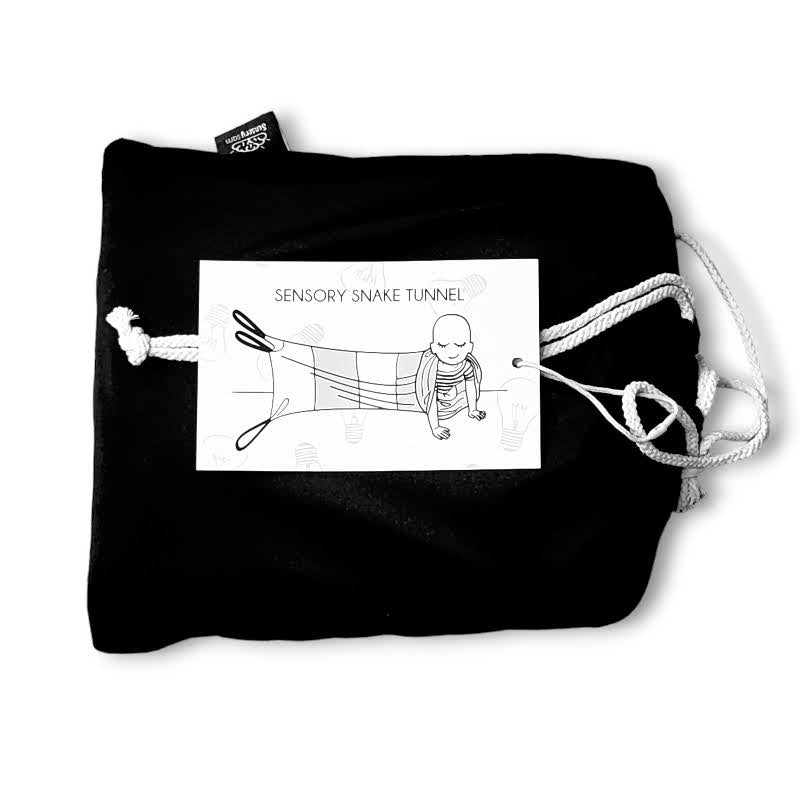 Black Sensory Snake Tunnel folded with its instruction card attached
