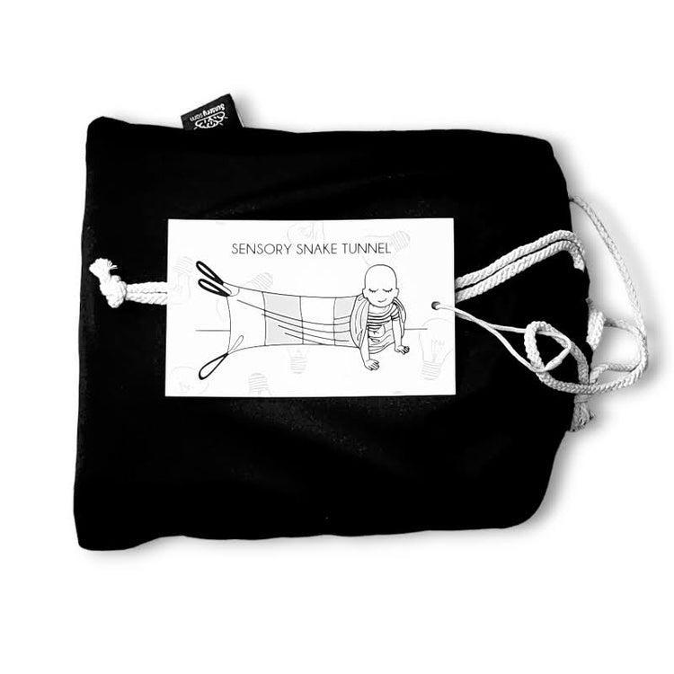 Black Sensory Snake Tunnel folded with its instruction card attached