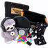 A collection of sensory toys and accessories including a weighted lap pad, a sloth plush toy, a black wobble cushion, shh muffs, a balance stone, a fidget, a puzzle ball, pencil grips, and a variety of strings presented alongside a heavy-duty storage box.