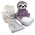 A collection of sleep aid products including a grey weighted blanket, a grey sensory sheet, a plush sloth toy, a pillow, and a drawstring bag with the Sensory Saint logo.