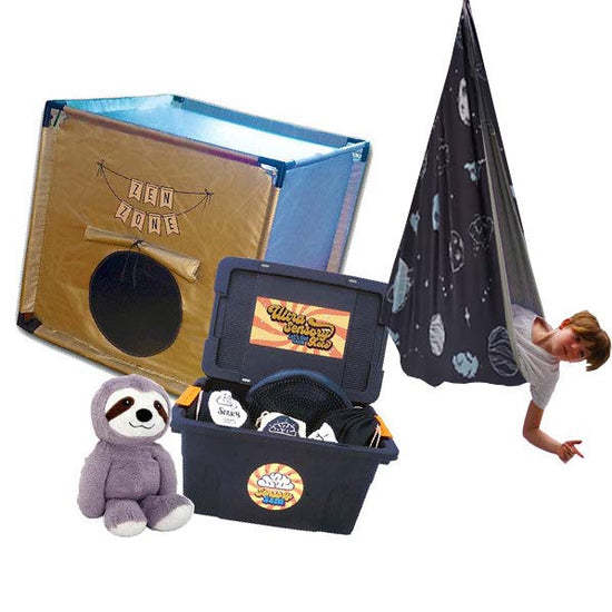 A collection of sensory toys and equipment including a sensory Kete box, a Zen Zone Blackout Tent, a sloth plush toy, a swing, a weighted lap pad, and various other items designed for sensory stimulation.