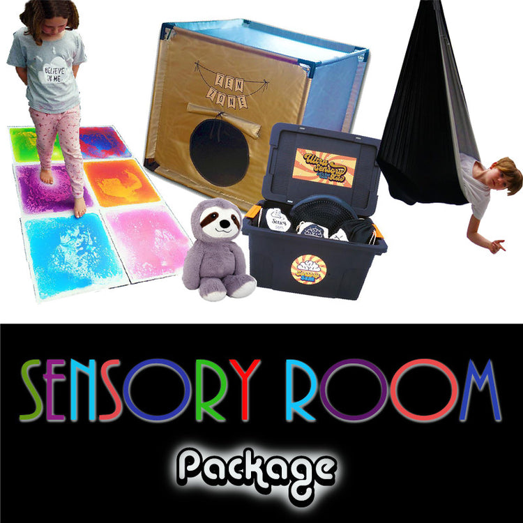Promotional image for The Complete Sensory Room Package featuring various sensory toys and equipment such as colorful liquid floor tiles, a blackout tent, a monkey plush toy, a swing, a weighted toy, and a box labeled &