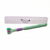 A collection of three-sided toothbrushes in various colors including pink, green, and blue.