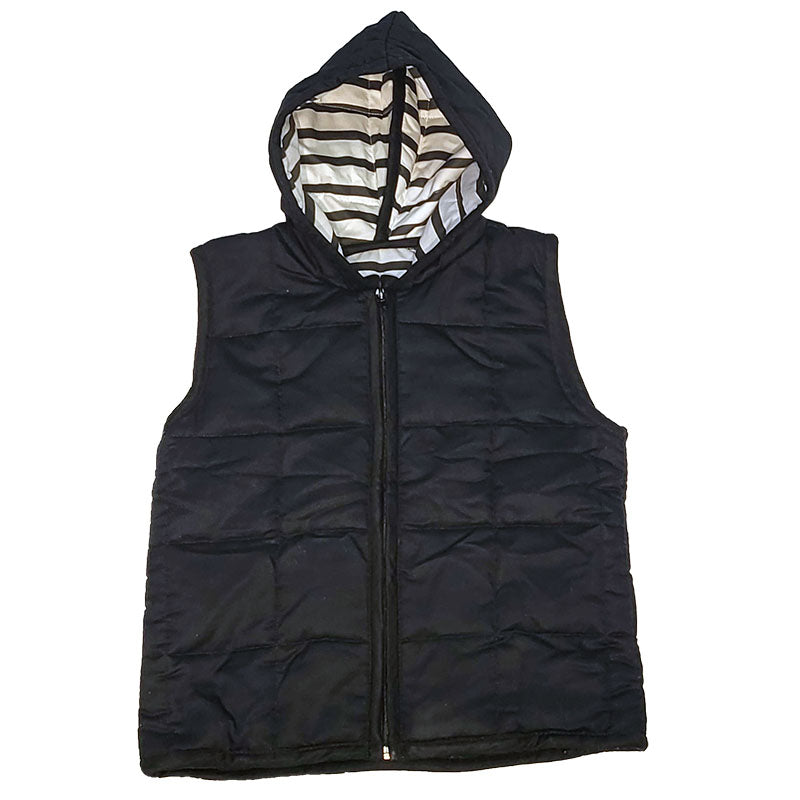 A black hooded weighted vest with a striped pattern inside the hood, designed for kids to adults.