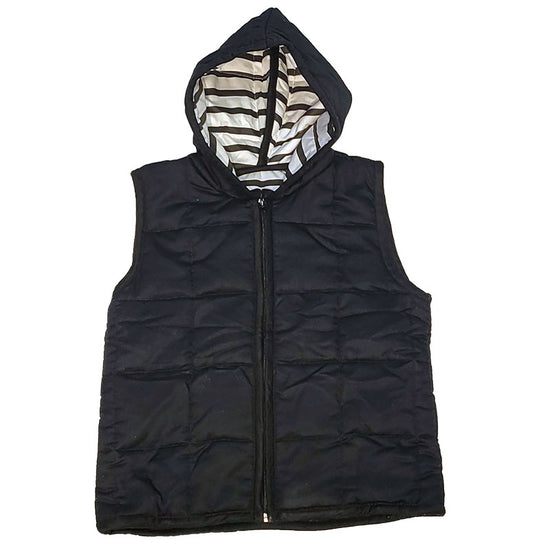 A black hooded weighted vest with a striped pattern inside the hood, designed for kids to adults.