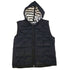 A black hooded weighted vest with a striped pattern inside the hood, designed for kids to adults.